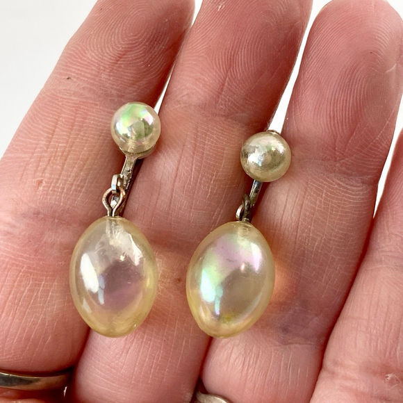 Antique Rainbow Iridescent Bubble Glass Sterling Drop Earrings. Screwback. - Picture 8 of 9